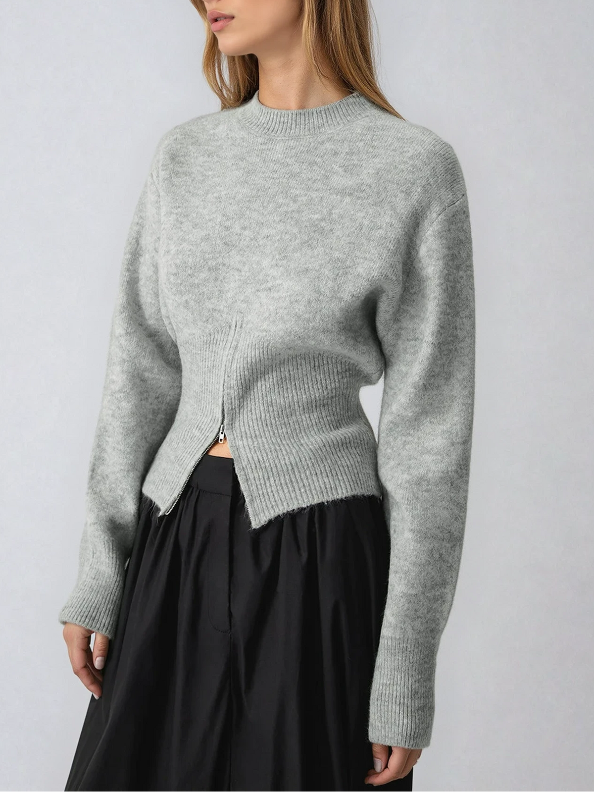 Women's Grey Half Zip Knit Jumper – Fitted Waist Ribbed Hem