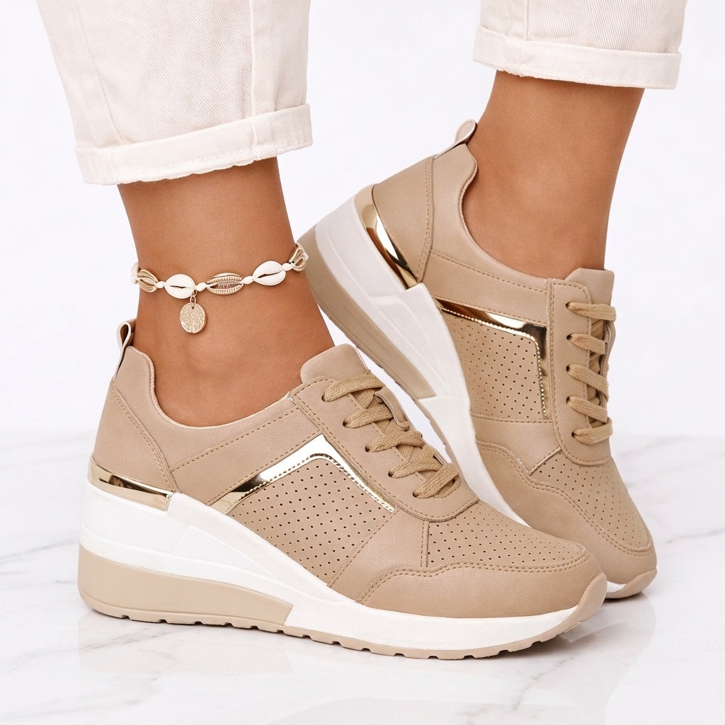 Women's Wedge Sneakers – Cushioned Comfort Trainers with Gold Detail