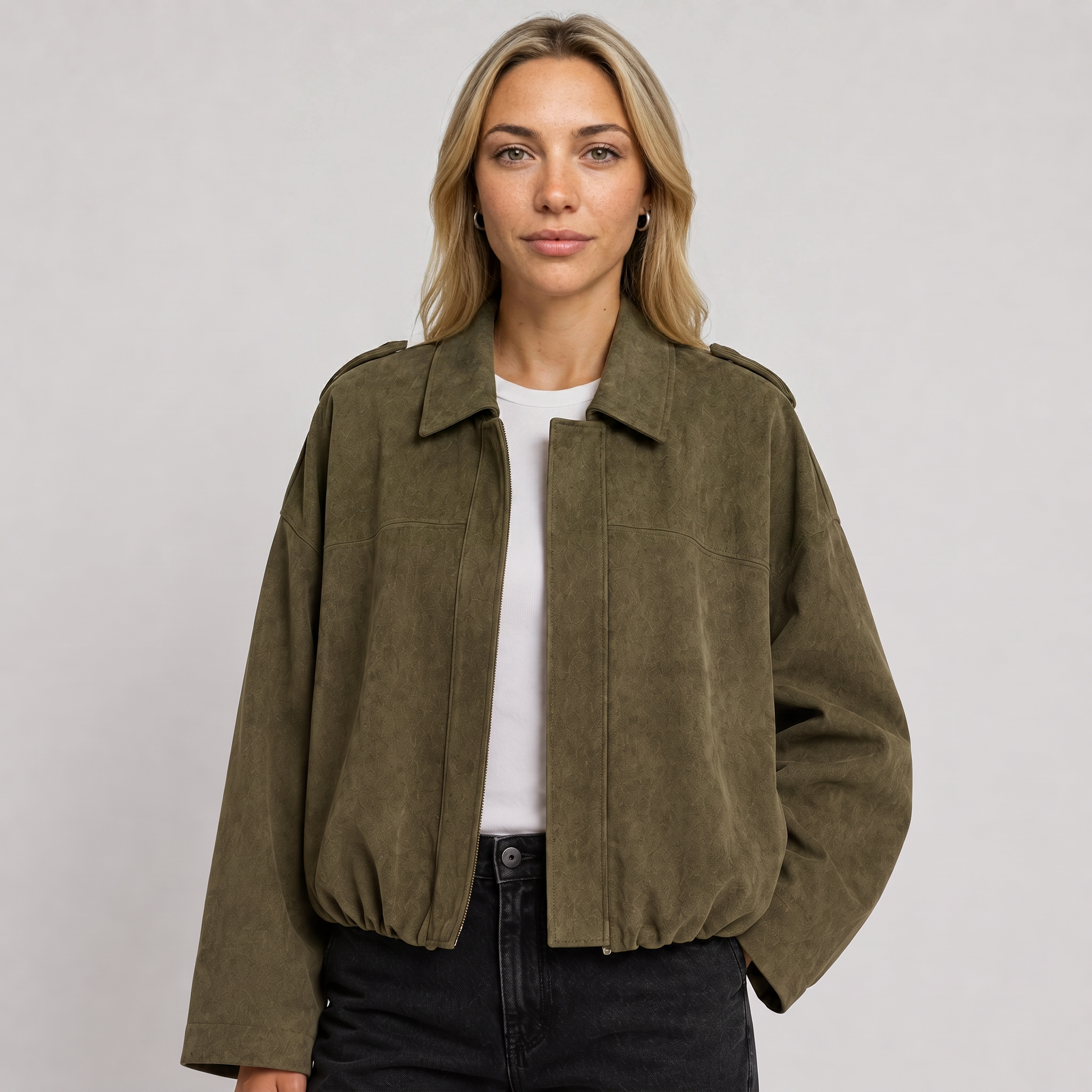 Women's Faux Suede Bomber Jacket – Collar Cropped Zip Jacket