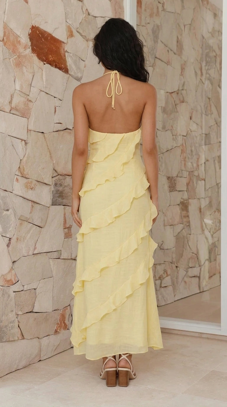 Ruffle Maxi Dress Women Halter Backless Tiered Chiffon