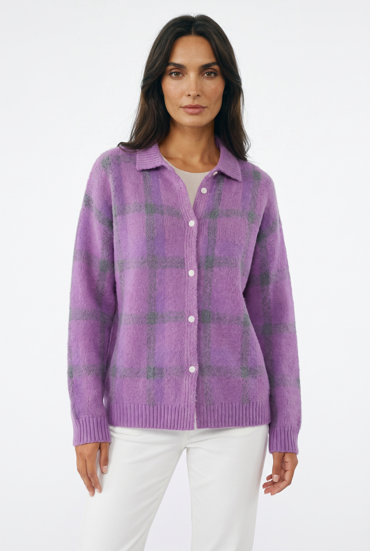 Women's Plaid Knit Cardigan – Button-Up Shacket Top