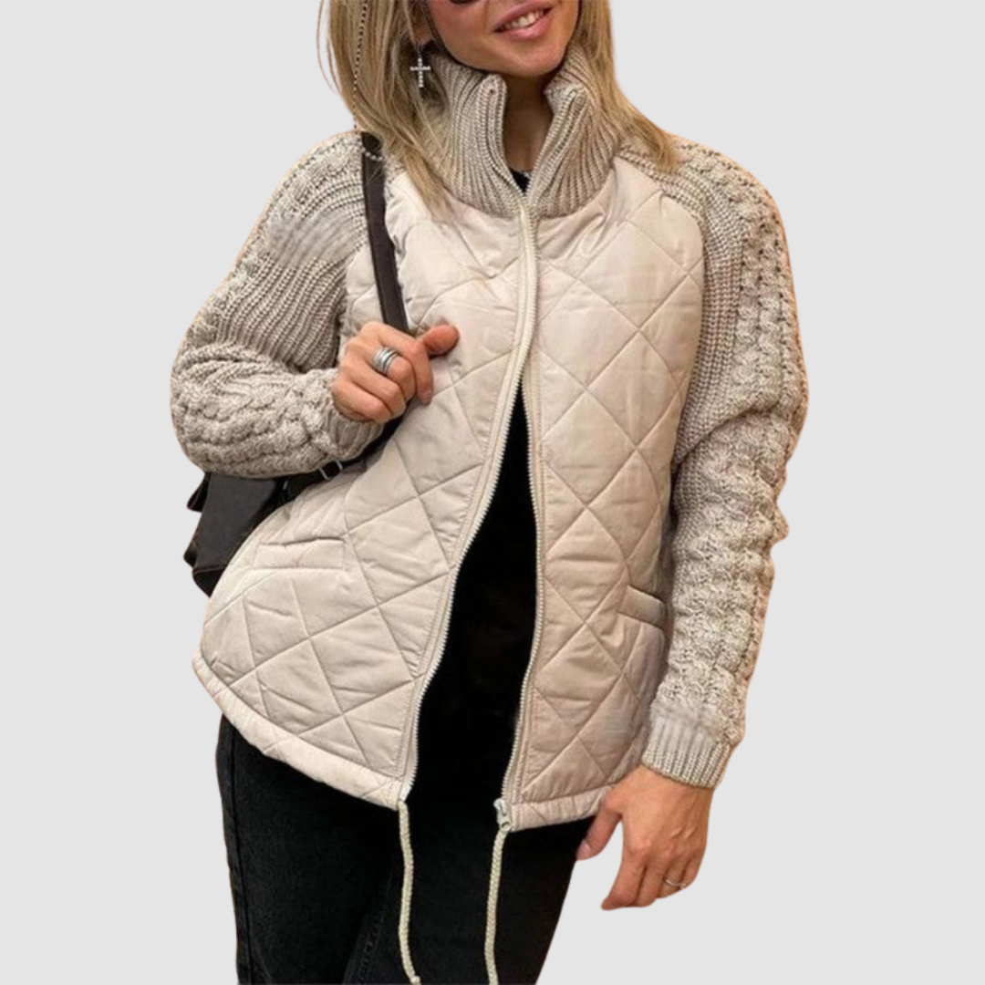 Women's Quilted Patchwork Jacket – Knit Sleeve Puffer Coat