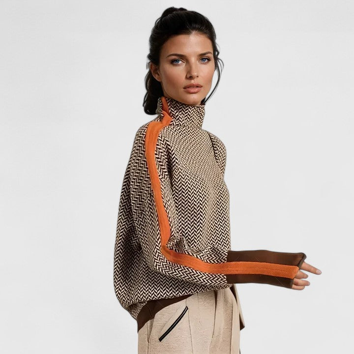 Women's Herringbone Knit Jumper – Colour-Block Roll Neck Sweater
