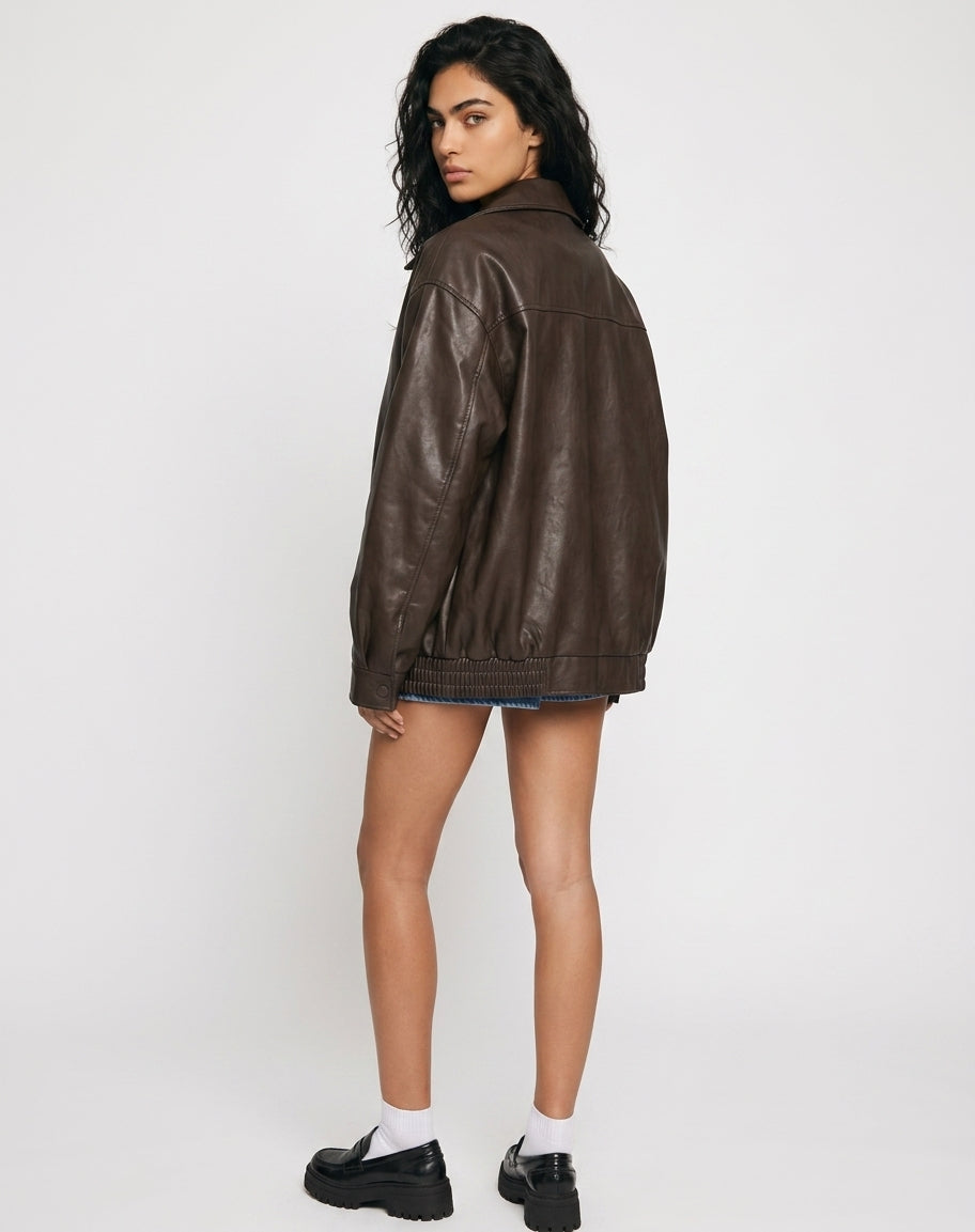 Brown Oversized Leather Bomber Jacket Women | Faux Leather Zip Up Aviator Jacket