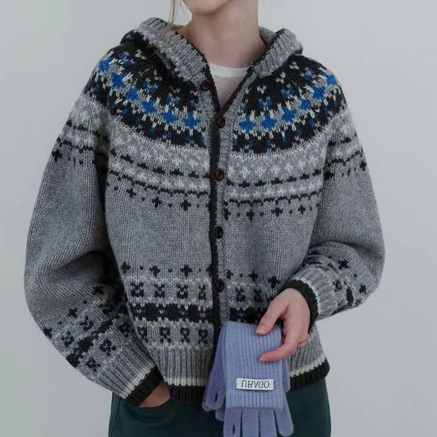Women's Fair Isle Knit Cardigan with Hood