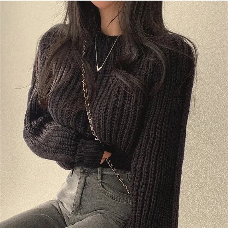 Women's Cream Cropped Chunky Knit Jumper – Lantern Sleeve