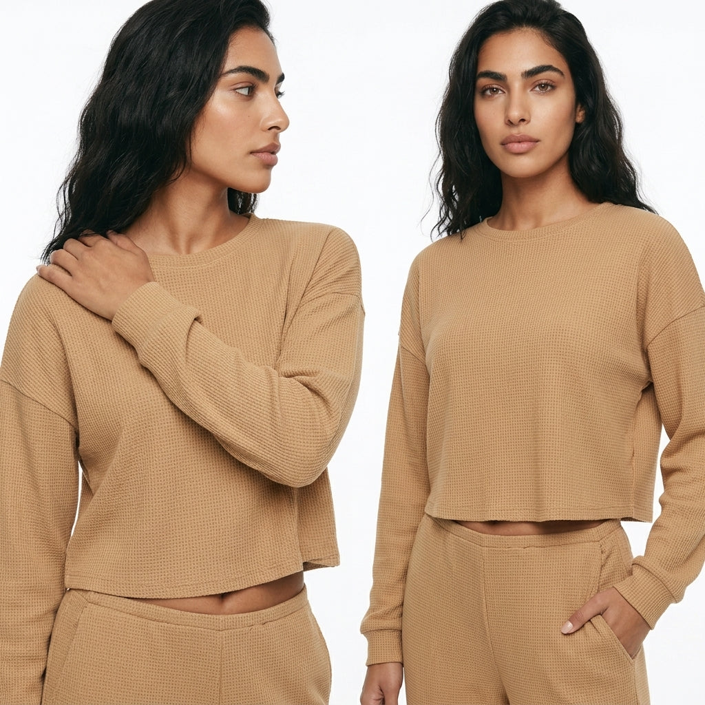Waffle Knit Lounge Set – Crop Top & Wide Leg Trousers