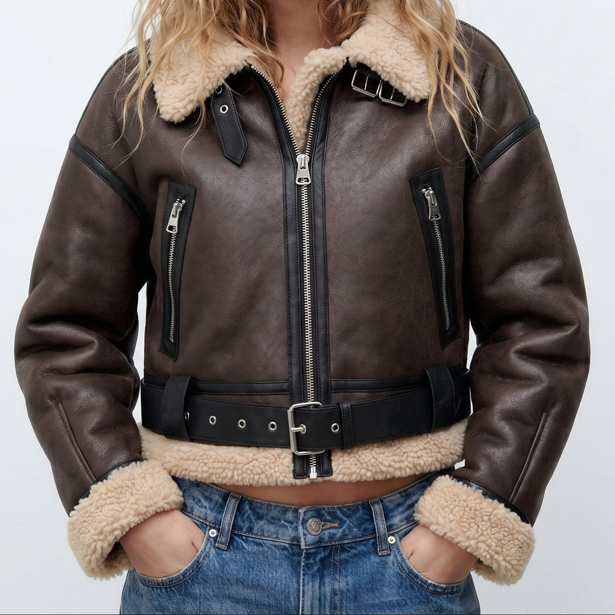 Women's Shearling Trim Cropped Bomber Jacket – Belted Aviator