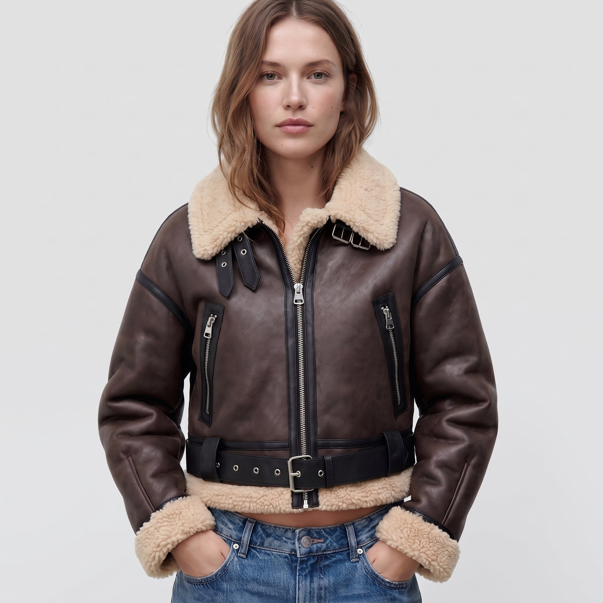 Women's Shearling Trim Cropped Bomber Jacket – Belted Aviator