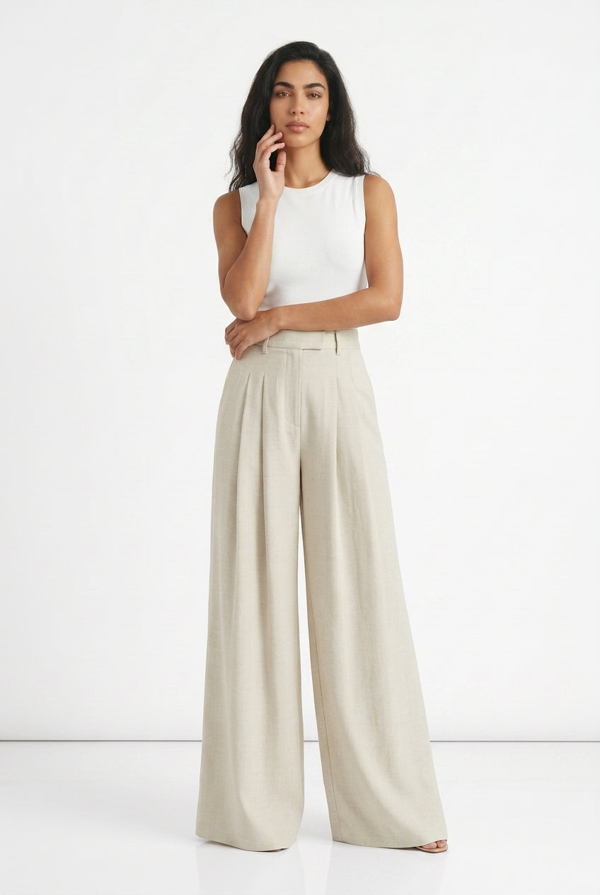 Women's Wide Leg Linen-Blend Trousers – High-Waist Pleated