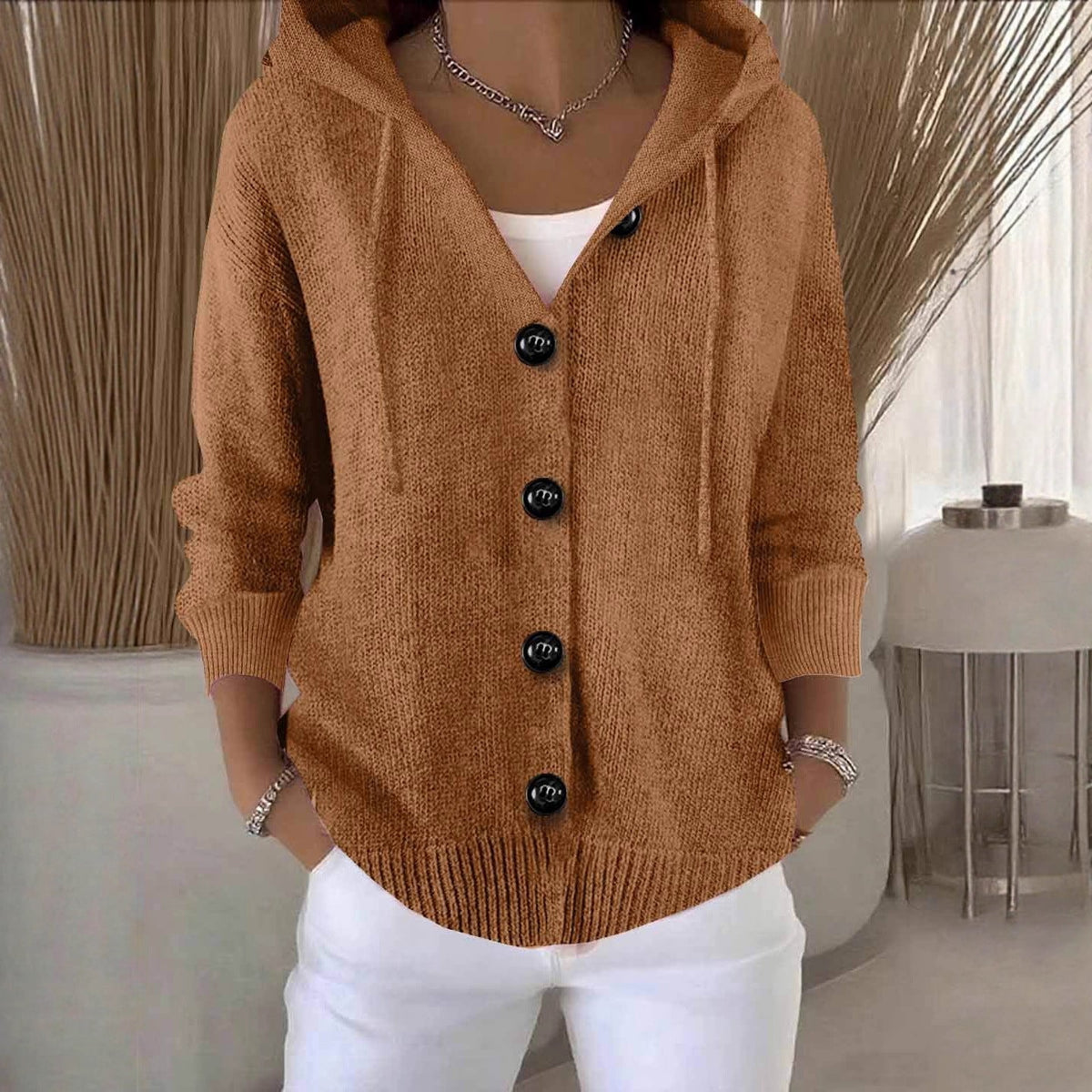 Women's Knit Hooded Cardigan – Button Front