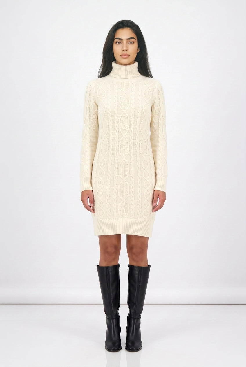 Women's Cable Knit Roll Neck Jumper Dress