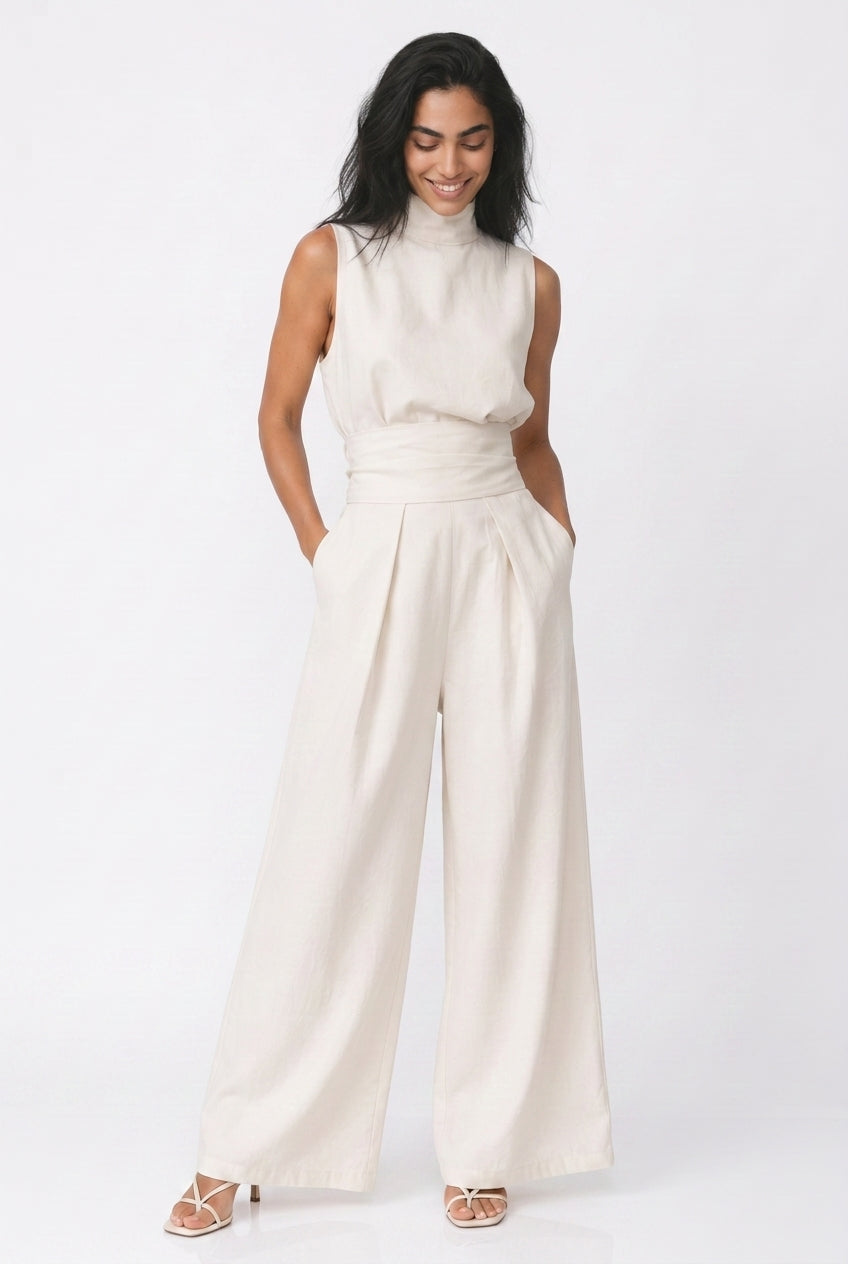 Women's Wide Leg Jumpsuit – Sleeveless High Neck Linen Jumpsuit