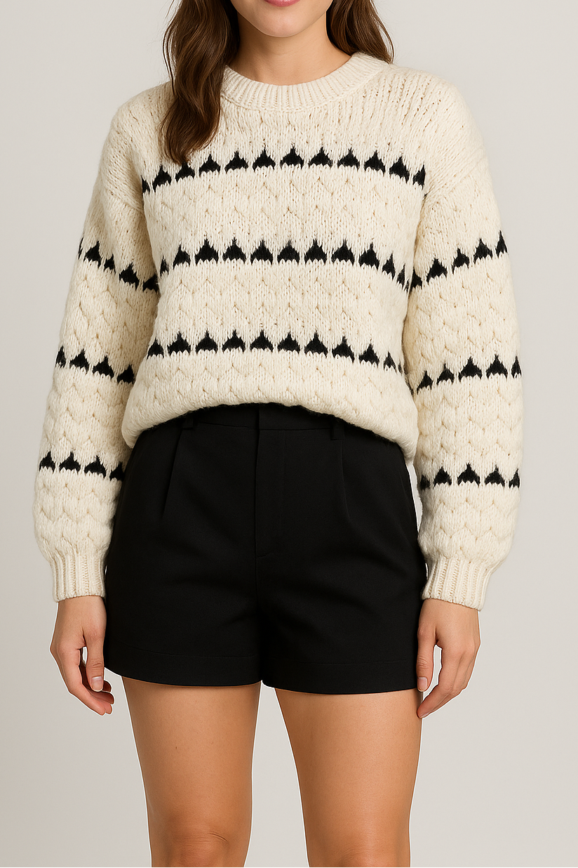 Women's Cream Textured Knit Jumper – Balloon Sleeve Geometric