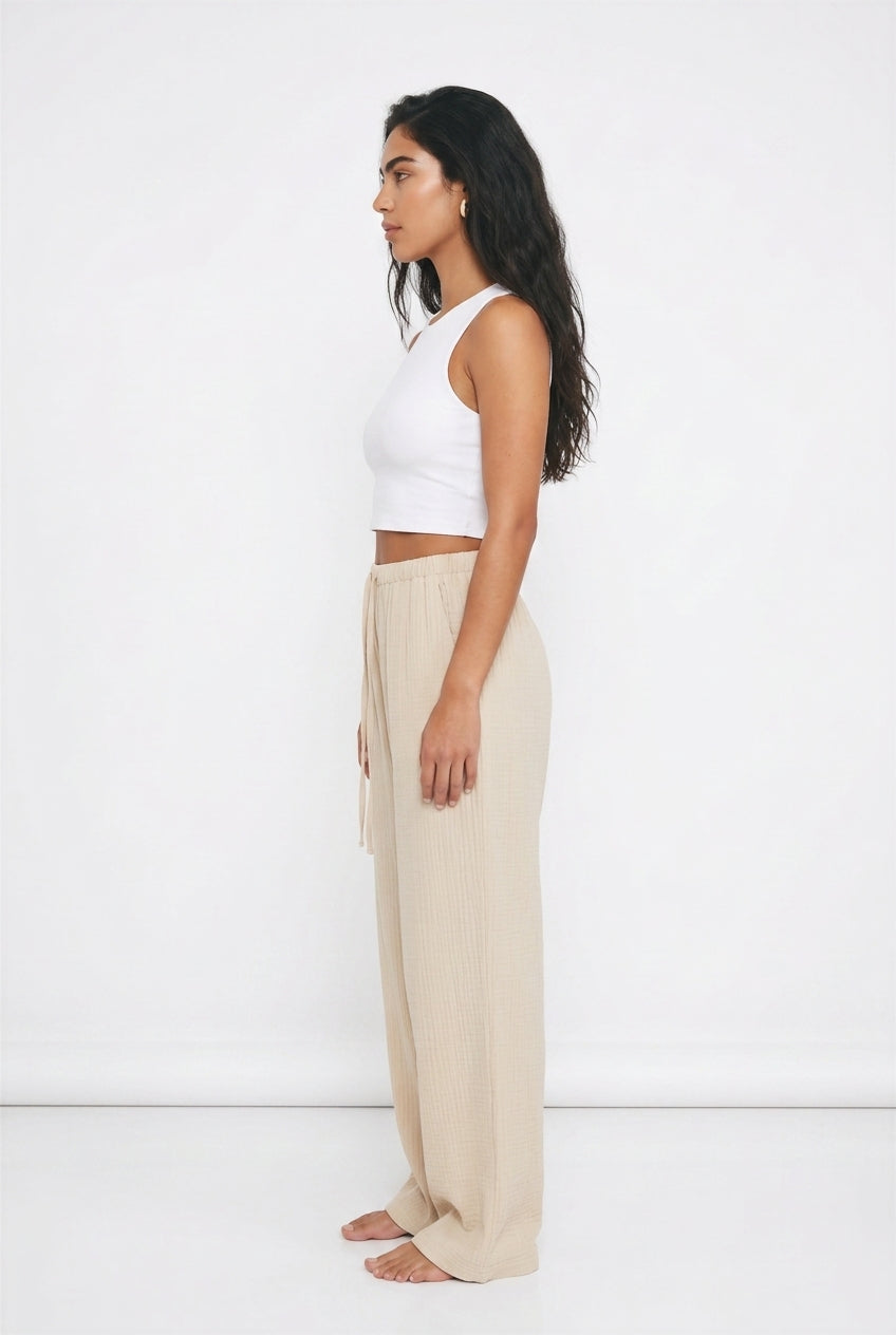 Women's Wide Leg Linen-Look Trousers – Elasticated Waist Relaxed Fit