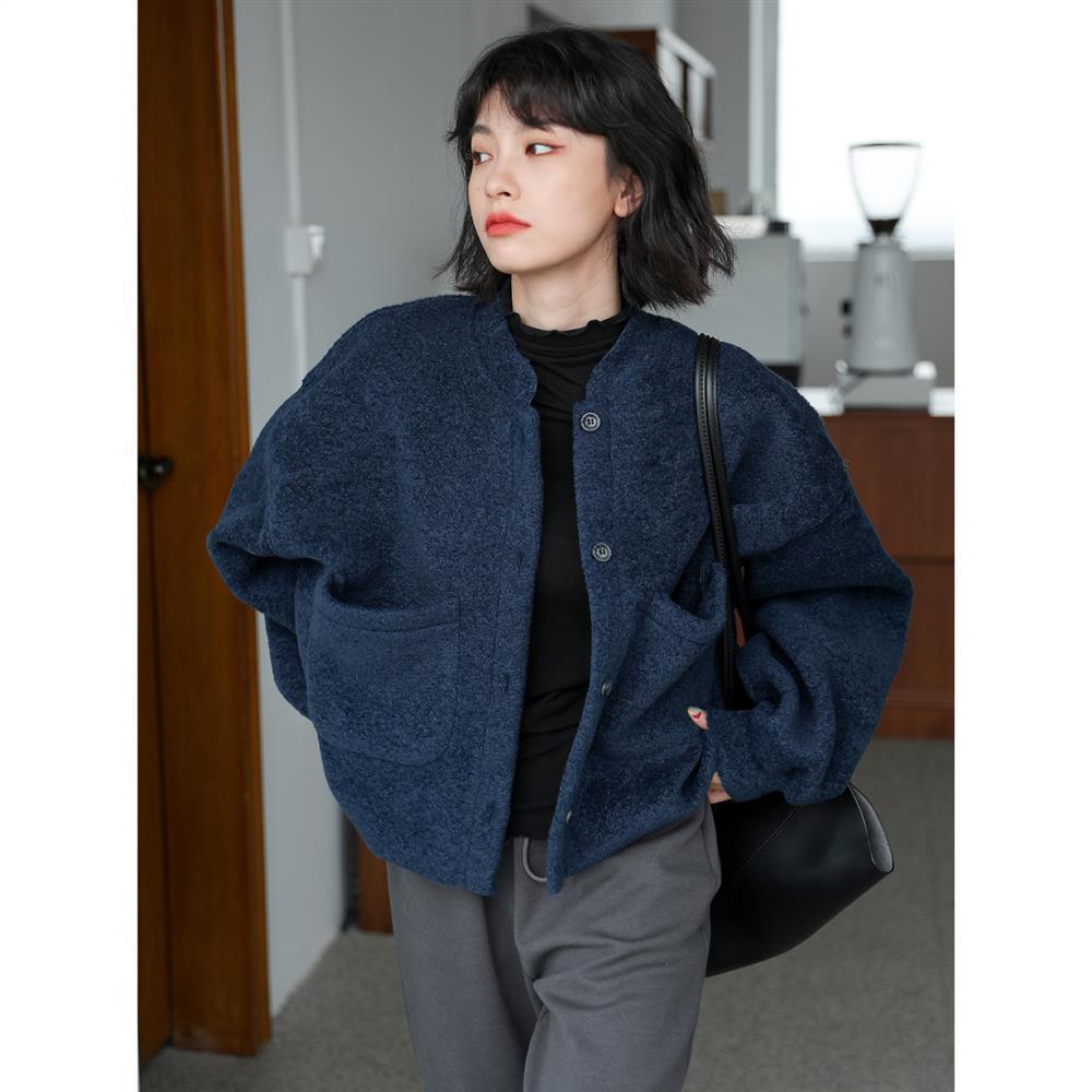 Women's Navy Boucle Jacket – Collarless Crop