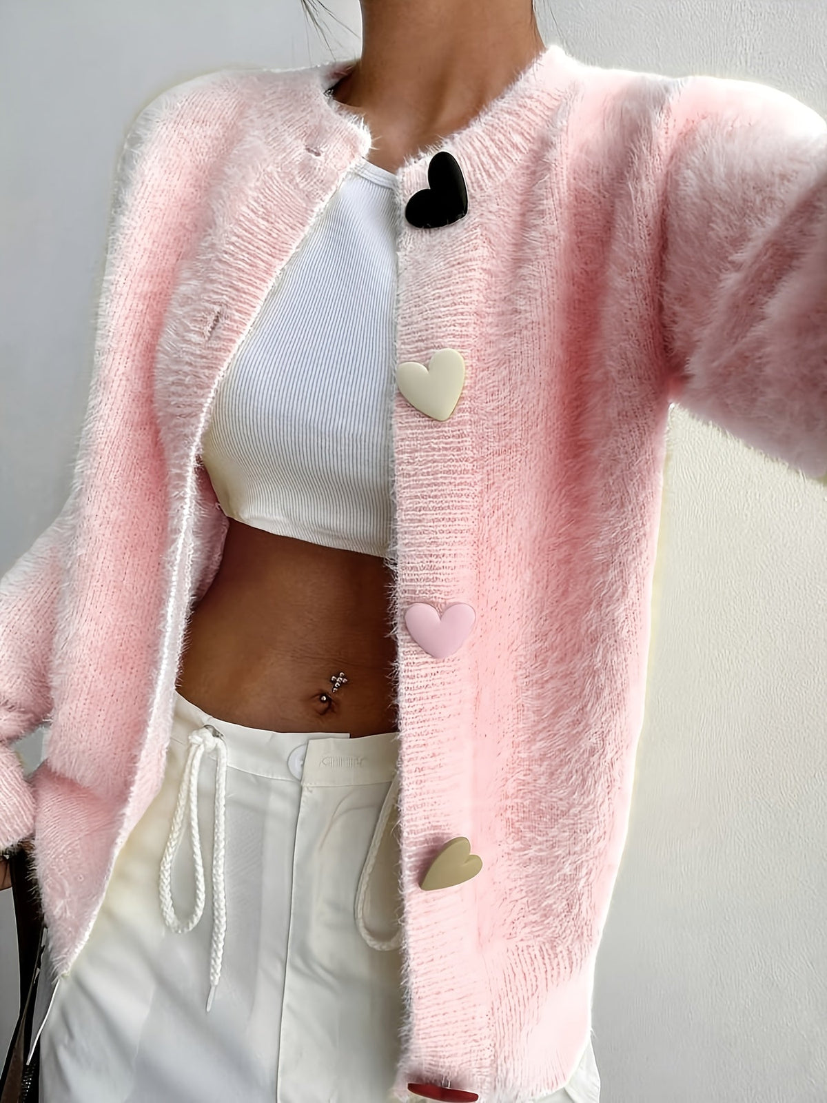 Women's Fluffy Cropped Cardigan with Heart Buttons
