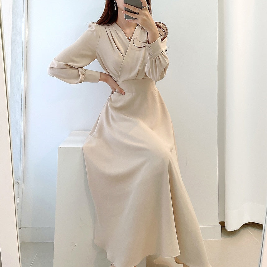 Women's V-Neck Puff Sleeve A-Line Midi Dress