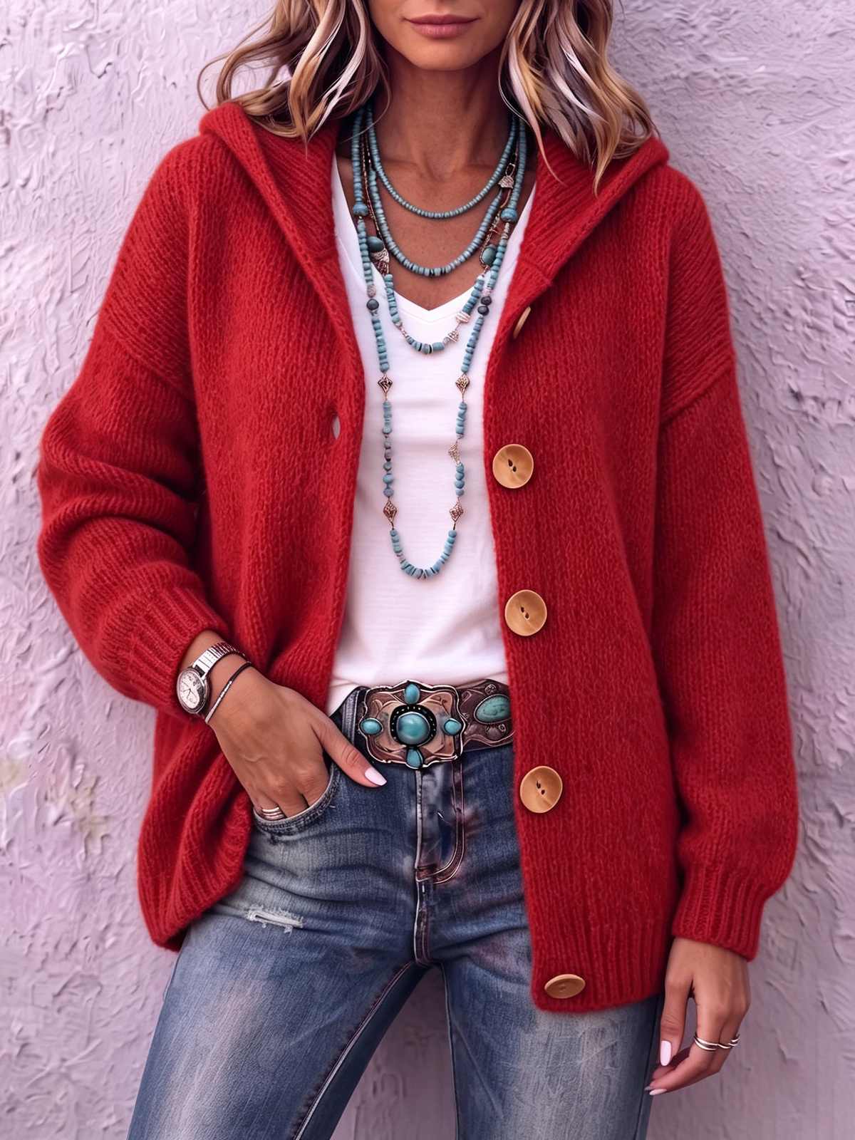 Women's Hooded Knit Cardigan - Button-Front