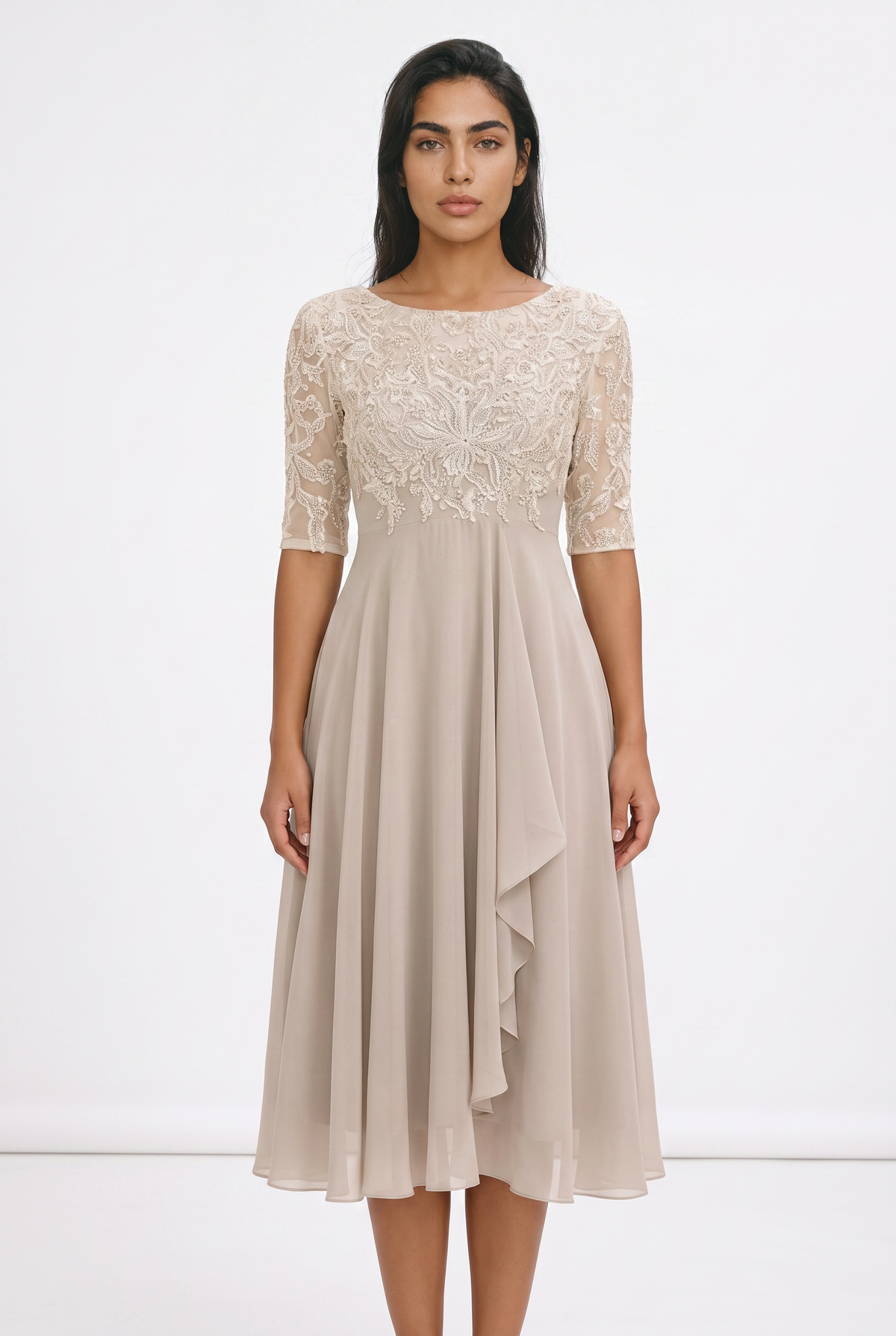 Women's Lace Bodice Midi Dress – Chiffon A-Line Party Dress