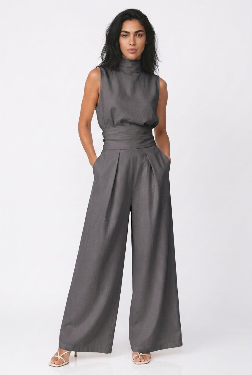 Women's Wide Leg Jumpsuit – Sleeveless High Neck Linen Jumpsuit