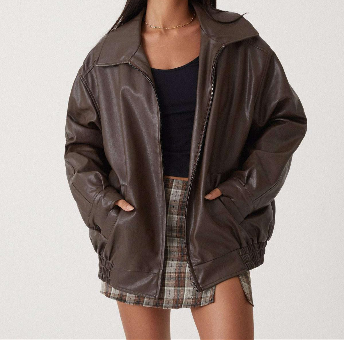 Brown Oversized Leather Bomber Jacket Women | Faux Leather Zip Up Aviator Jacket