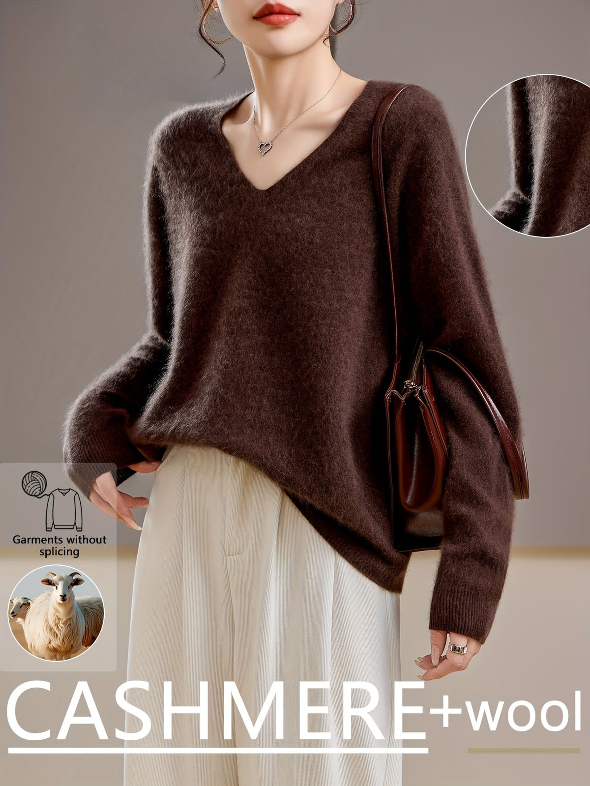 Women's Cashmere-Feel Wool-Blend V-Neck Jumper – Oversized Knit
