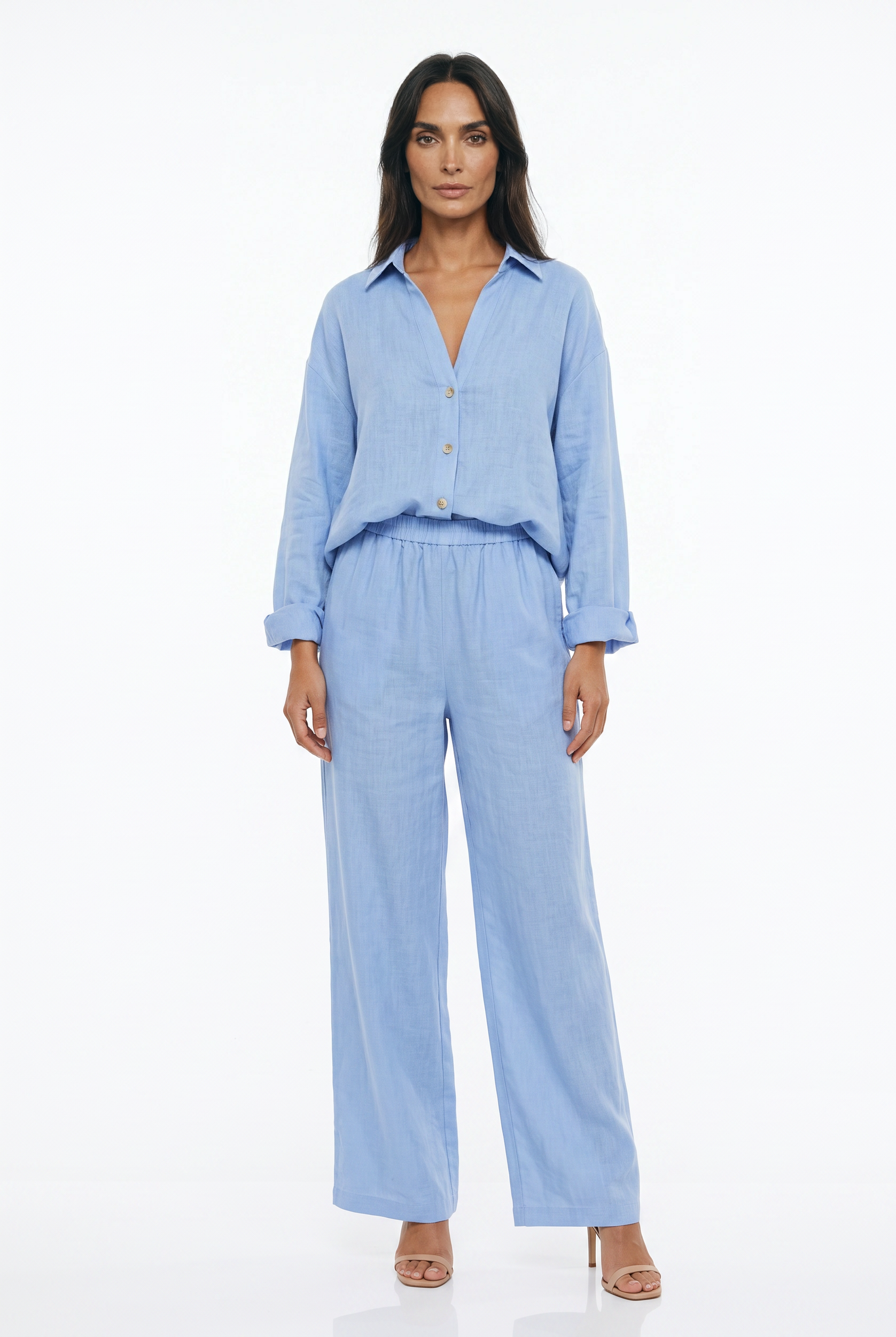 Women's Linen Co-ord Set – Long sleeve Shirt & Wide Leg Trousers