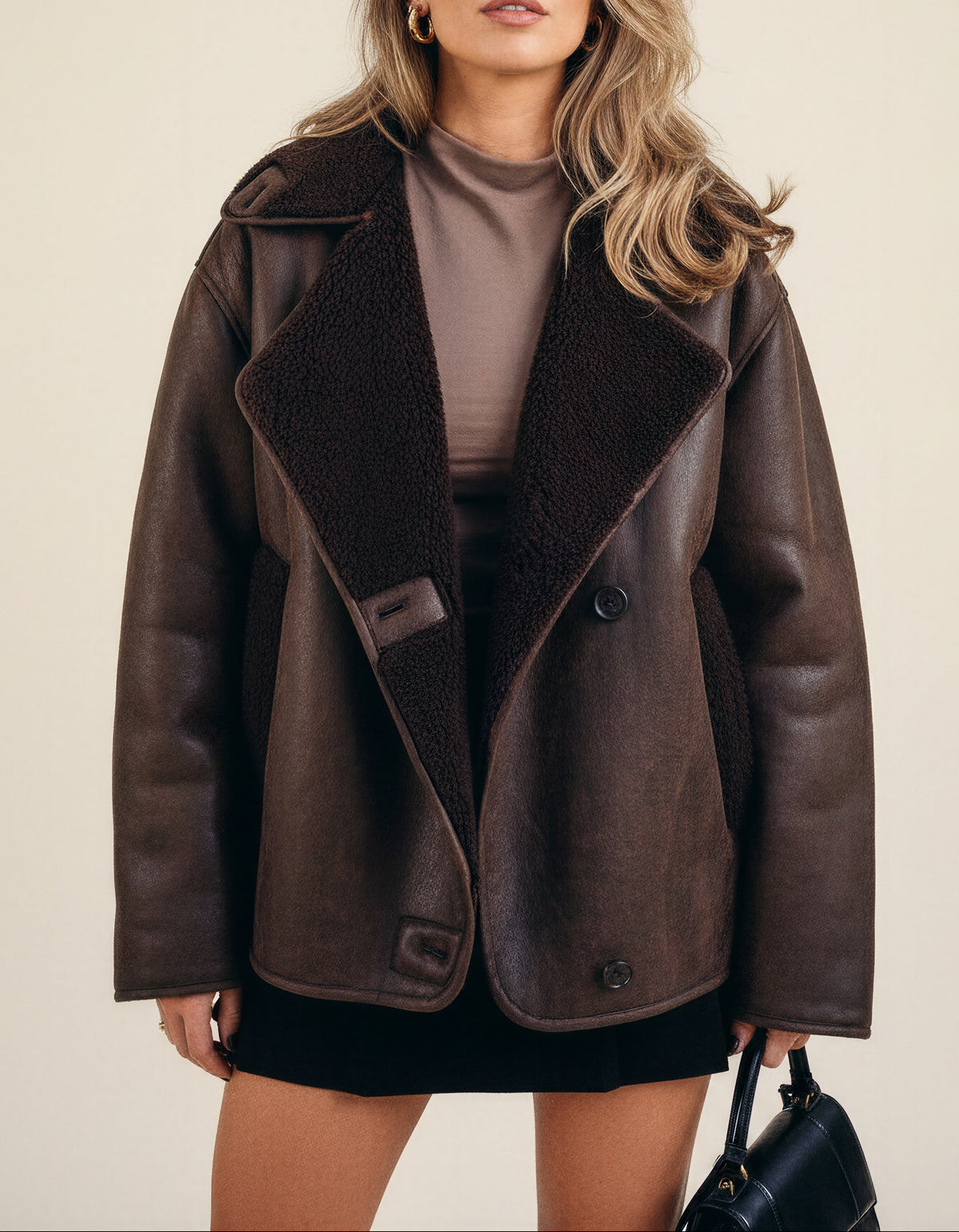 Women's Brown Faux Leather Jacket – Shearling Collar Coat