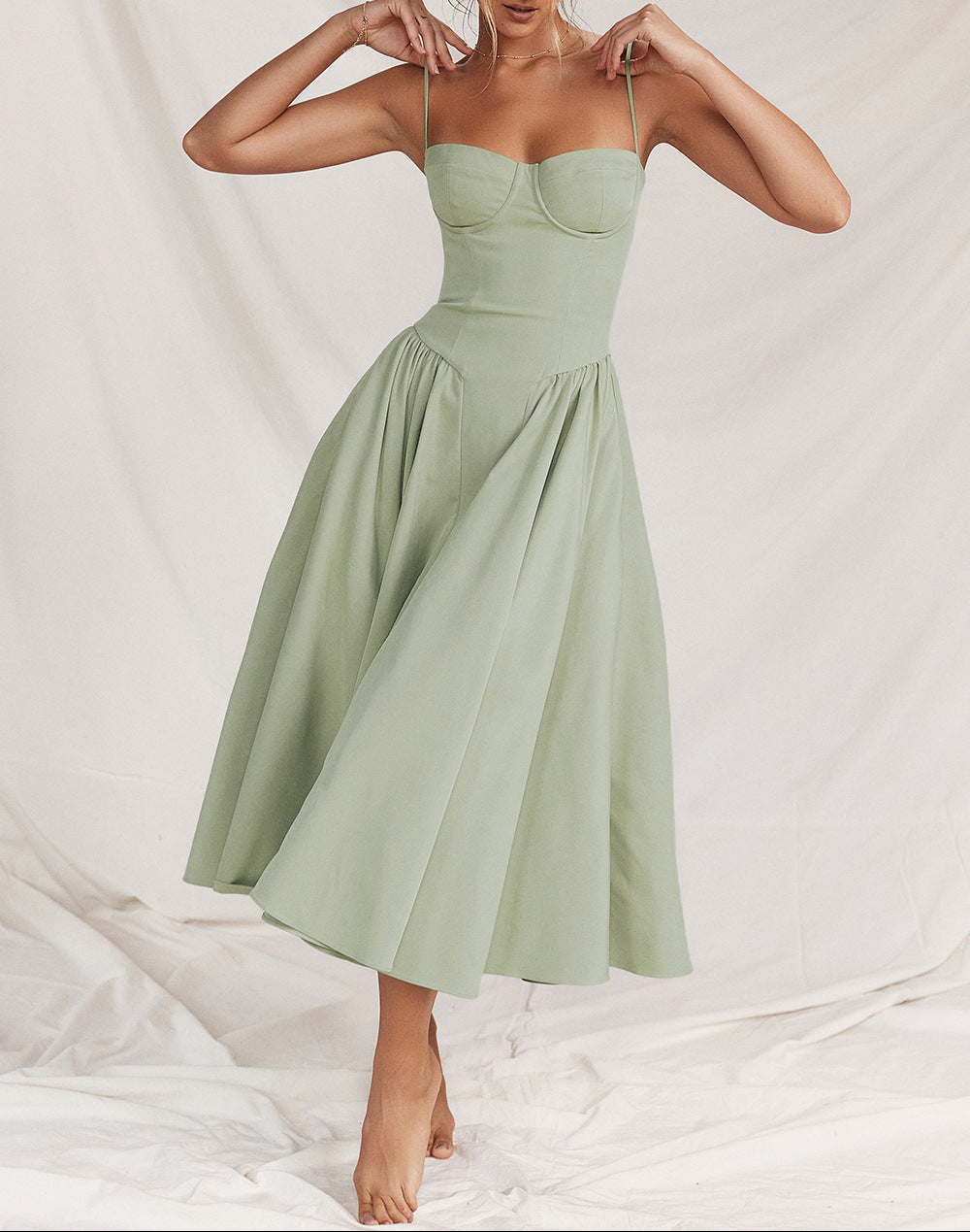 Women's Corset Midi Dress – Square Neck A-Line Dress with Pockets