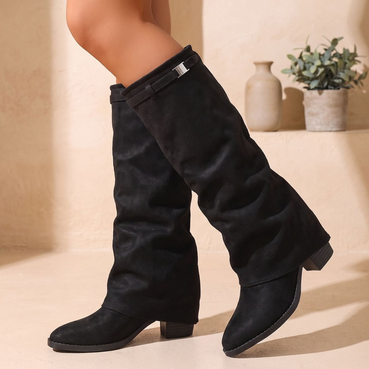 Women's Slouch Knee-High Block Heel Boots – Black