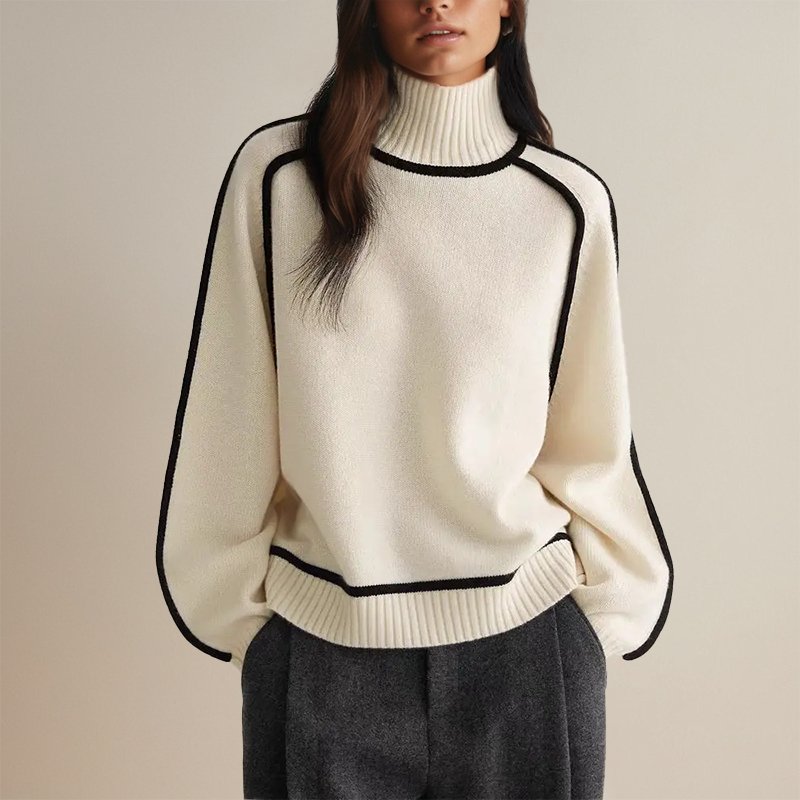 Women's Colour-Block Roll Neck Jumper – Contrast Trim Knit