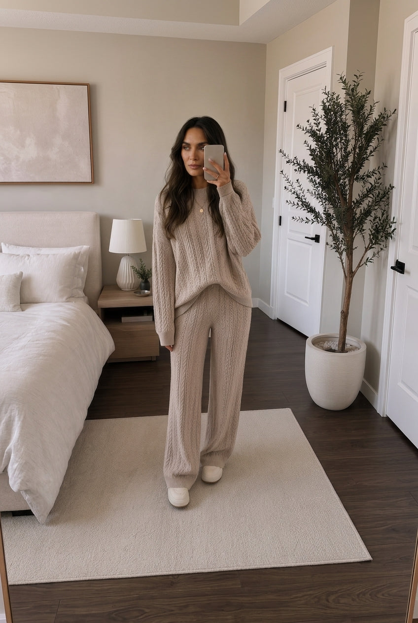 Women's Cable Knit Jumper & Wide Leg Trousers Co-ord Set