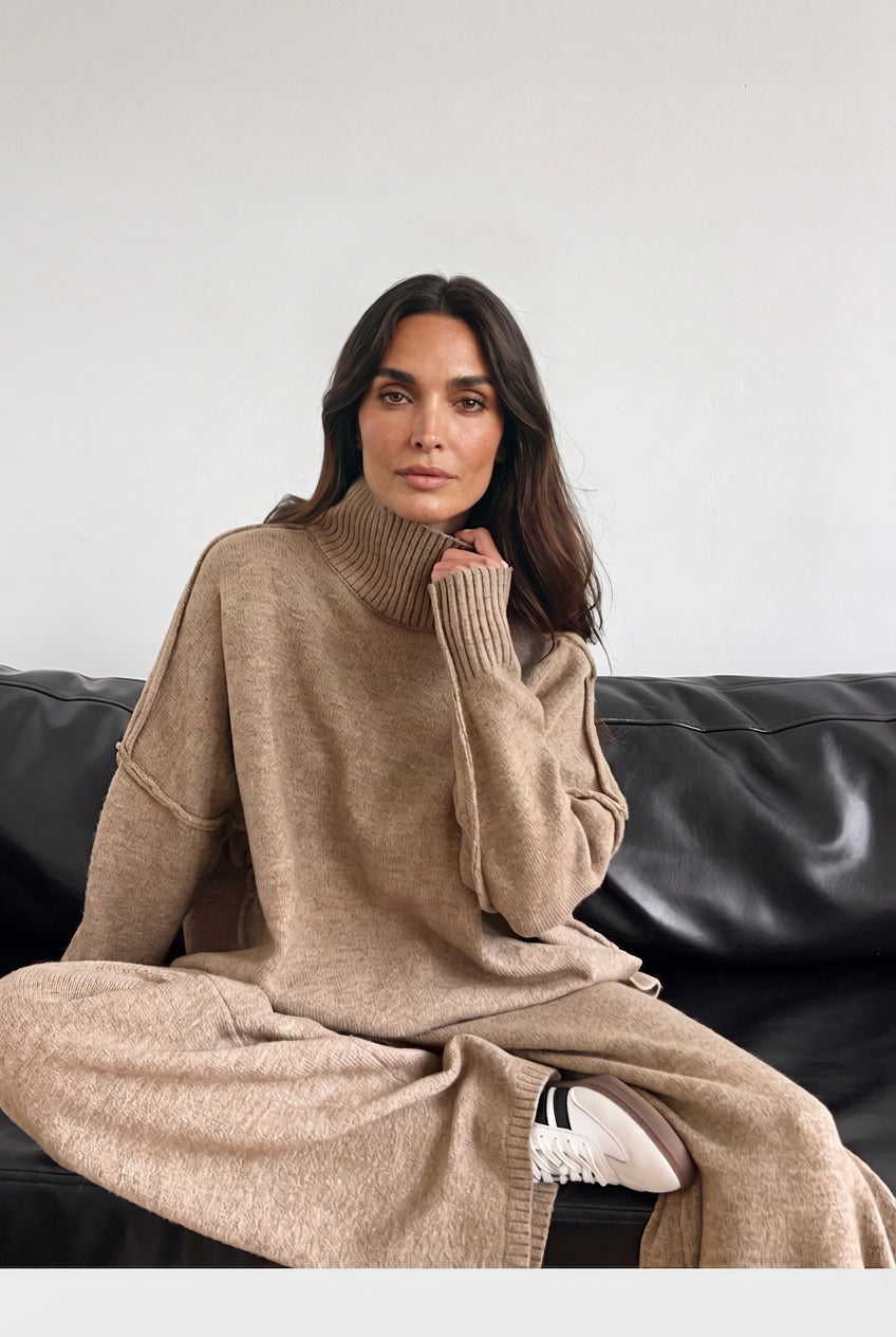 Women's Knitted Co-ord Set – Roll Neck Jumper & Wide Leg Trousers