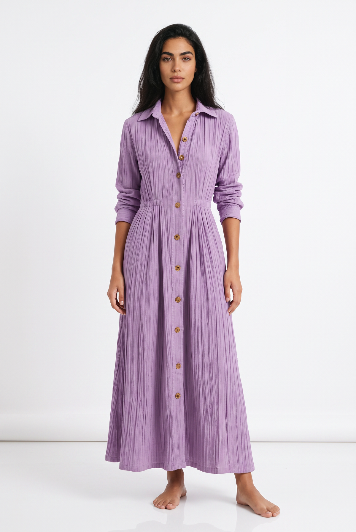 Women's Button-Front Maxi Shirt Dress – A-Line Long Sleeve