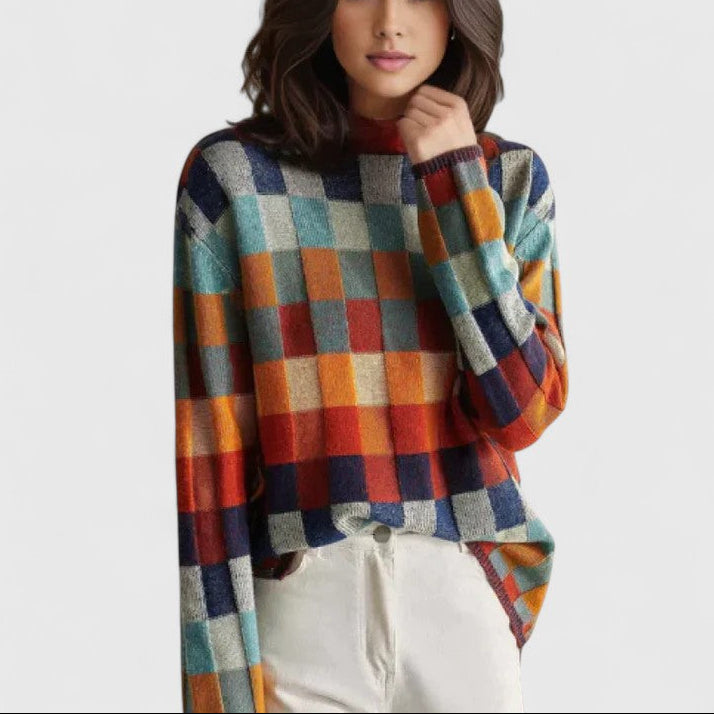 Women's Checkered Mock Neck Jumper – Colourblock Knit Sweater