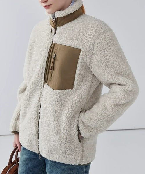 Women's Teddy Fleece Jacket – High Collar Contrast Zip Pocket