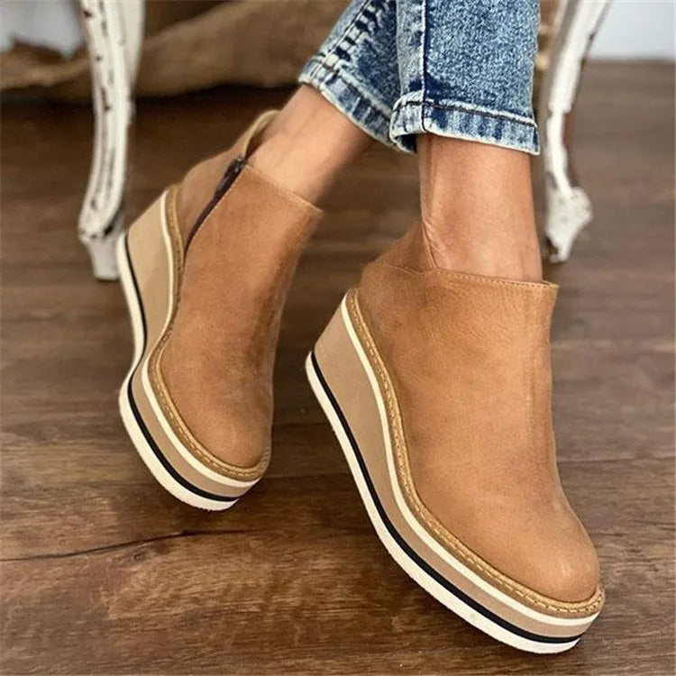 Women's Wedge Platform Ankle Boots - Side Zip – Khaki