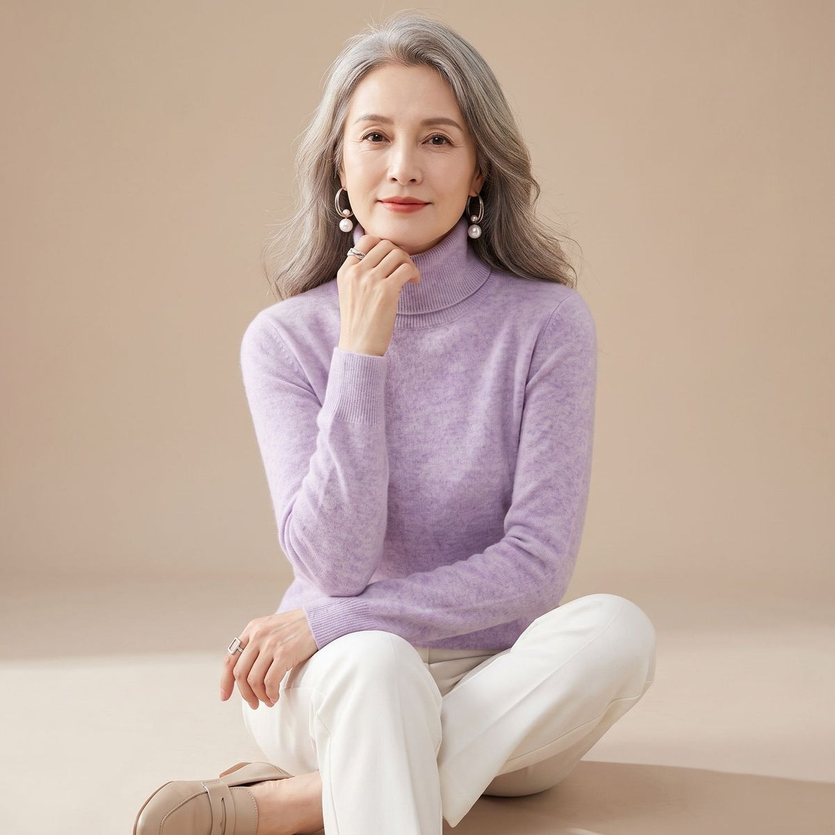 Women's Cashmere-Feel Turtleneck Jumper – Slim Fit – Light Violet