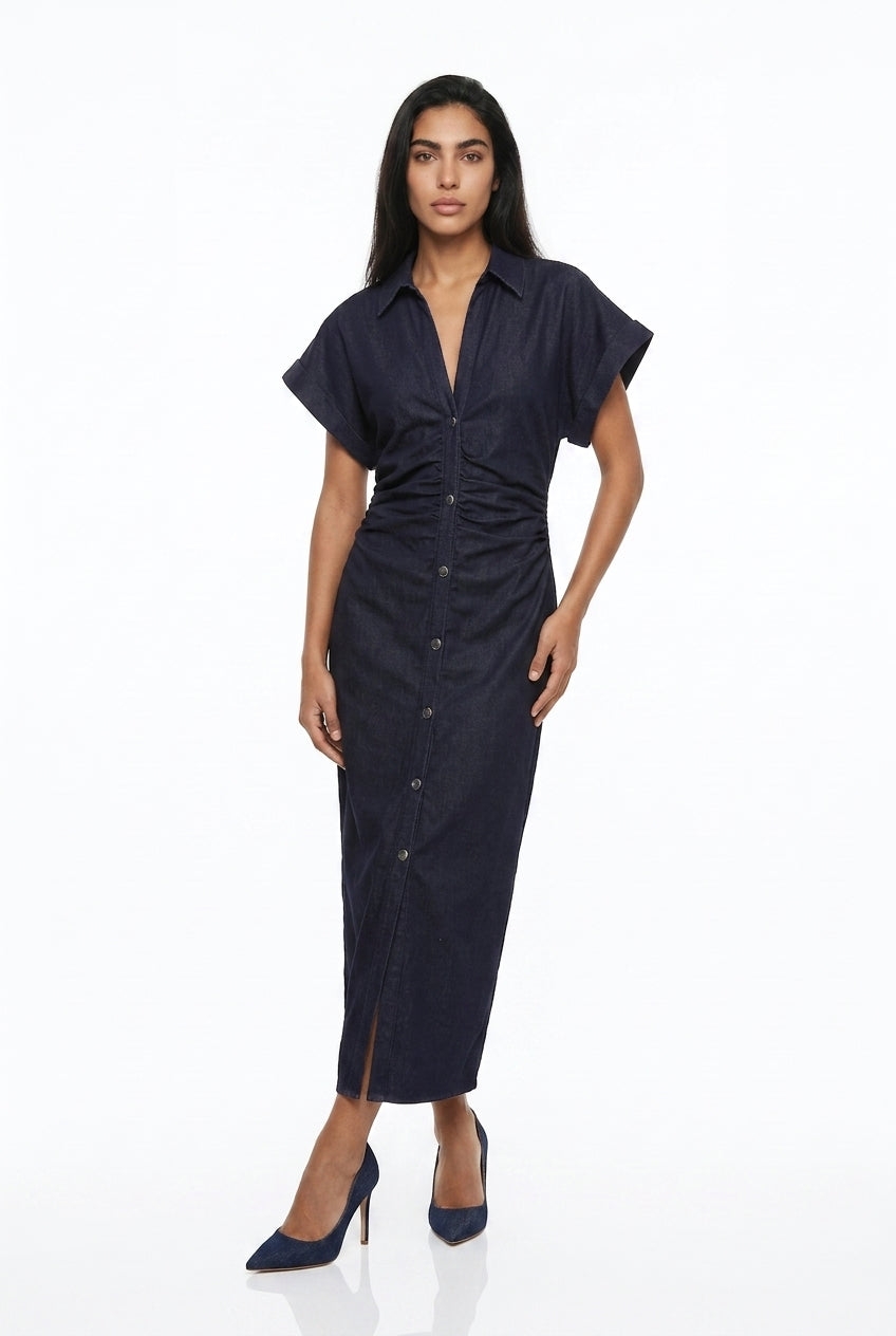 Women's Denim Midi Dress – Ruched Waist Button-Through