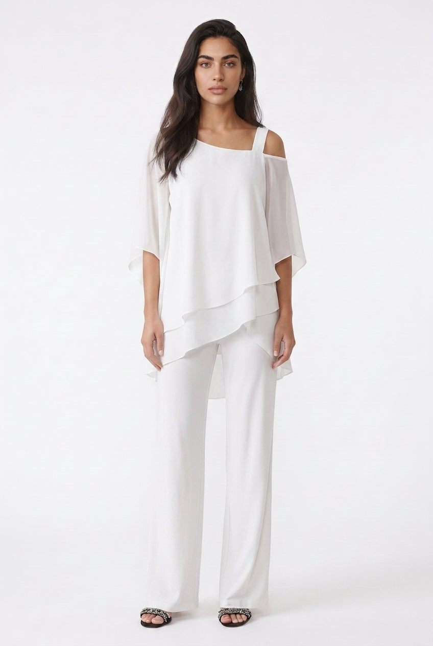 Women's Chiffon Trouser Suit – Layered Top & Wide Leg Trousers
