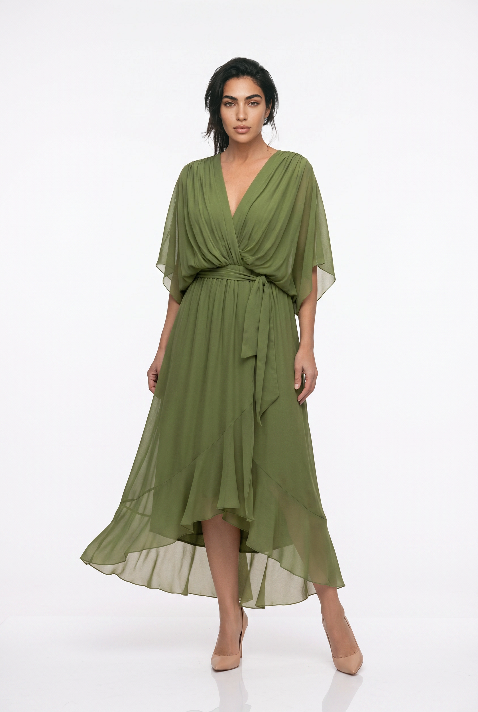 Women's Chiffon Wrap Midi Dress – V-Neck Kimono Sleeve