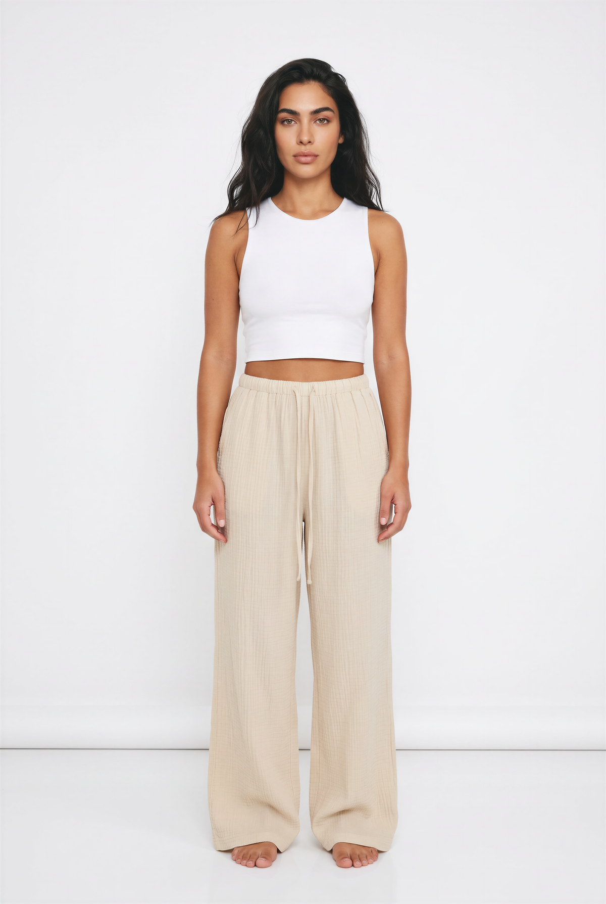 Women's Wide Leg Linen-Look Trousers – Elasticated Waist Relaxed Fit