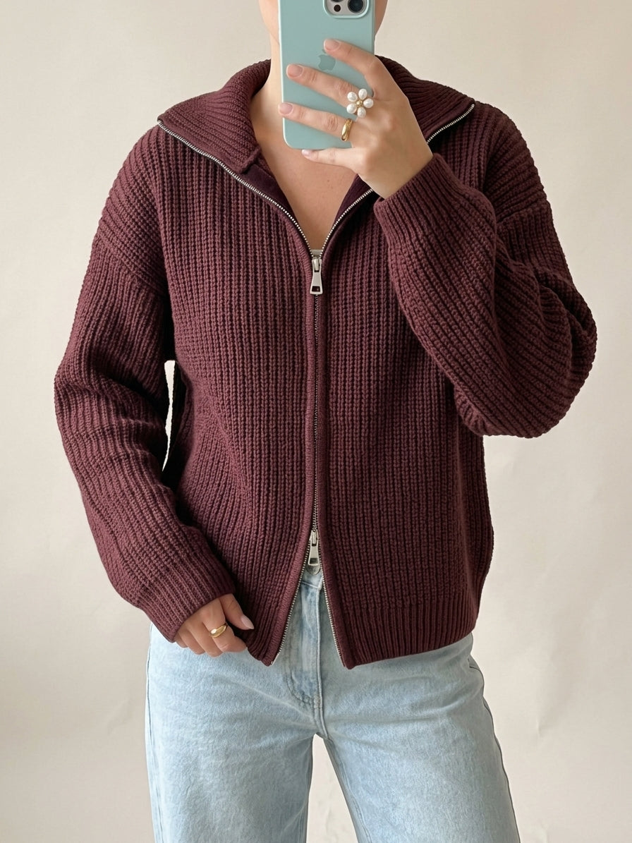 Women's Burgundy Chunky Zip-Up Cardigan – Cropped Knit