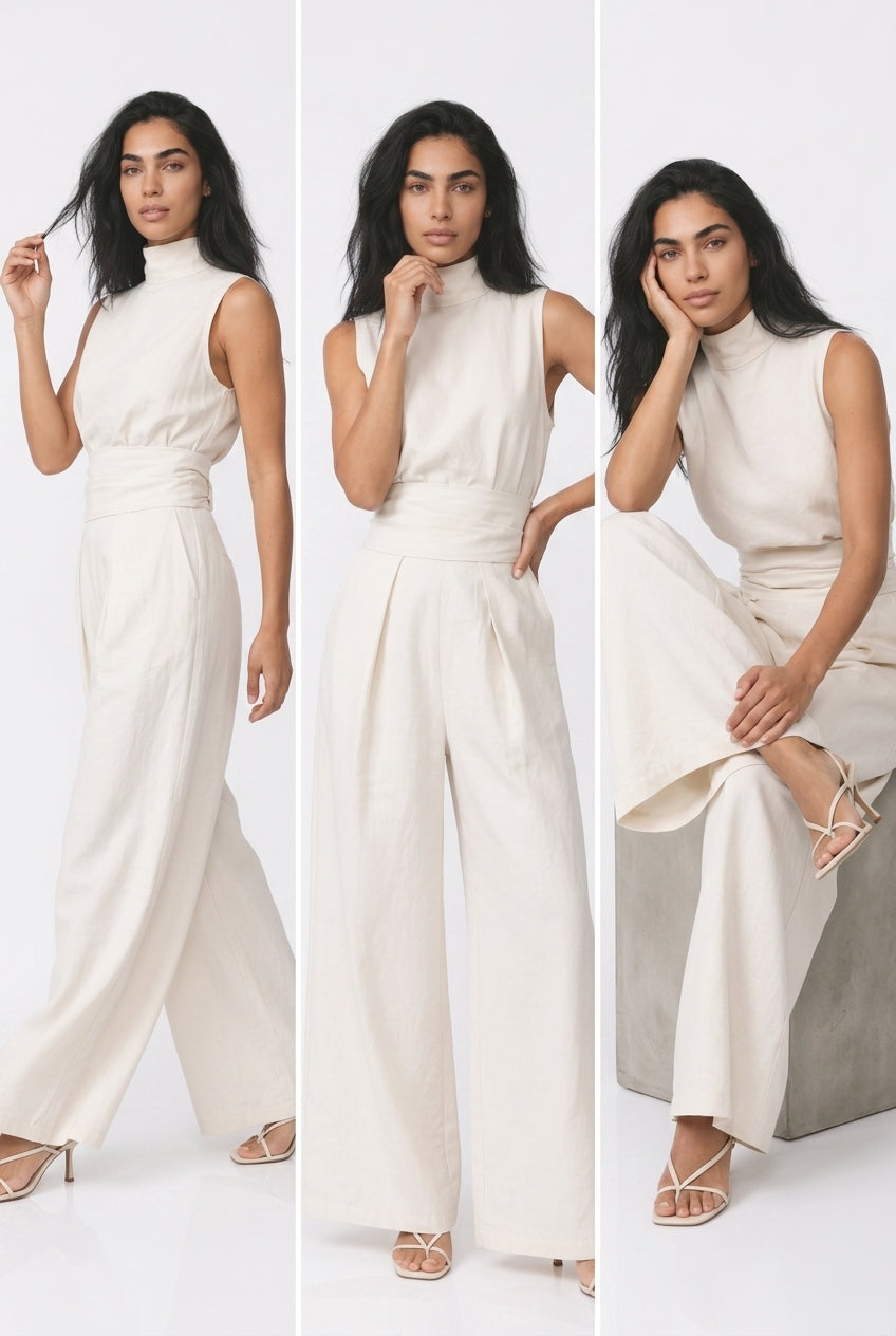Women's Wide Leg Jumpsuit – Sleeveless High Neck Linen Jumpsuit