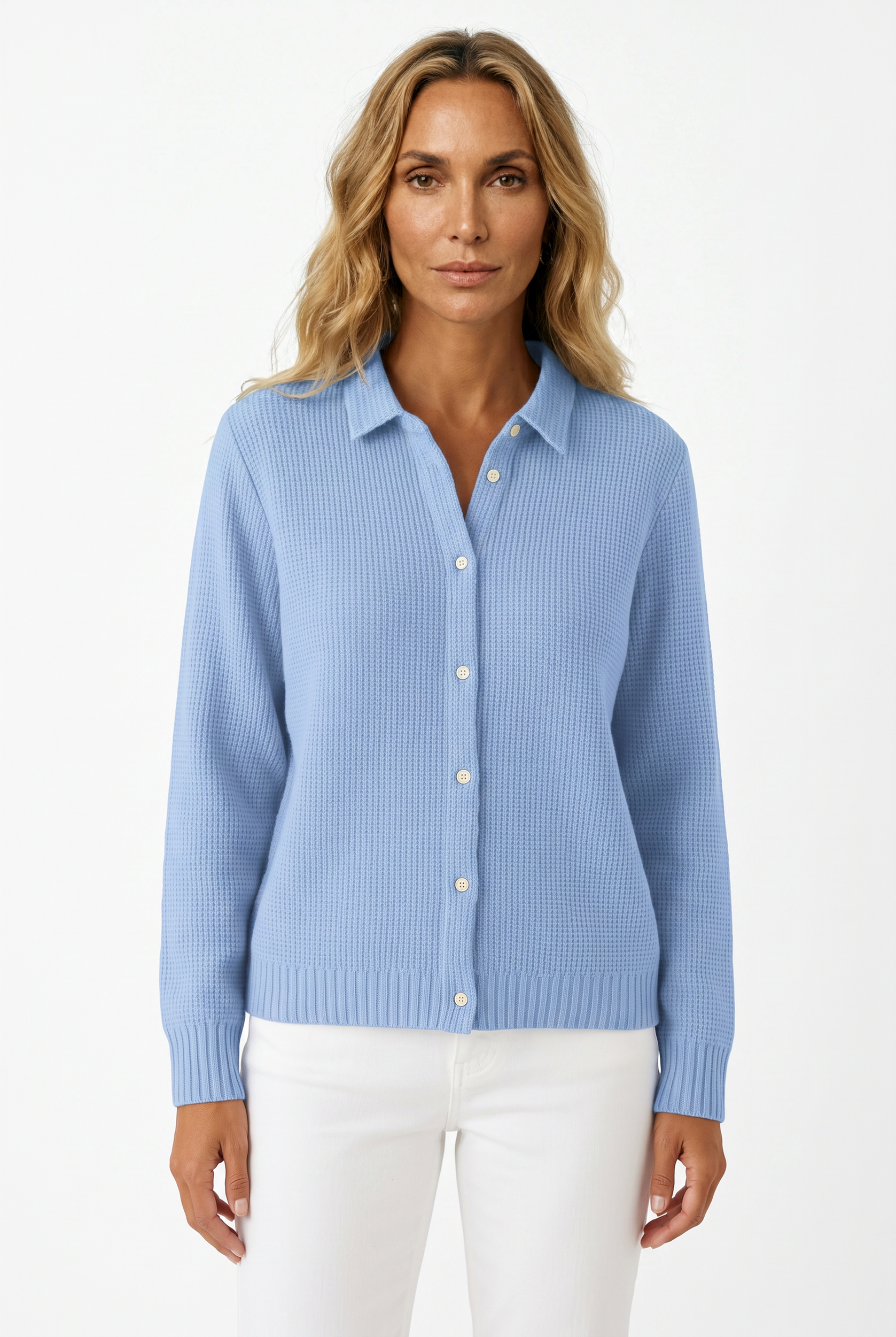 Women's Waffle Knit Cardigan – Button-Up Collared Knit Top