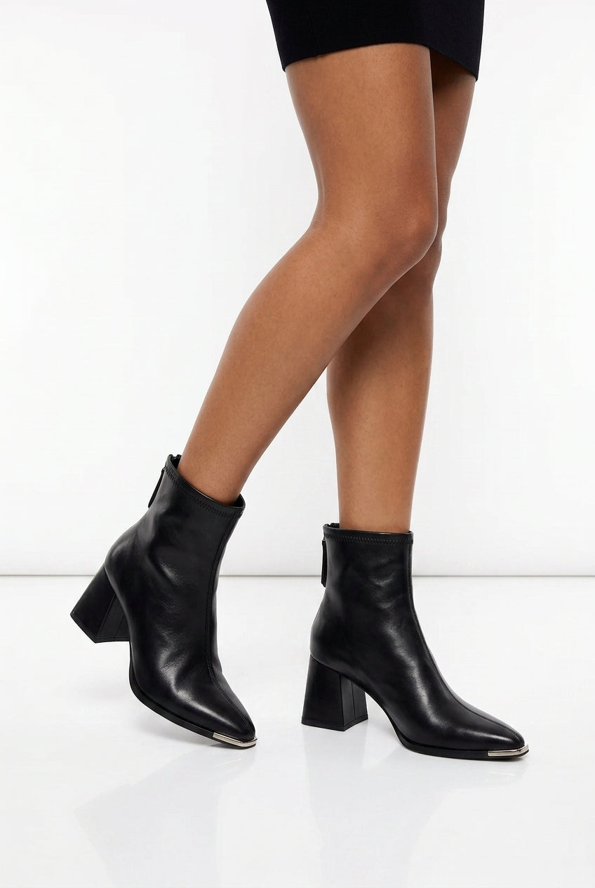 Women's Block Heel Ankle Boots – Pointed Toe Metal Tip