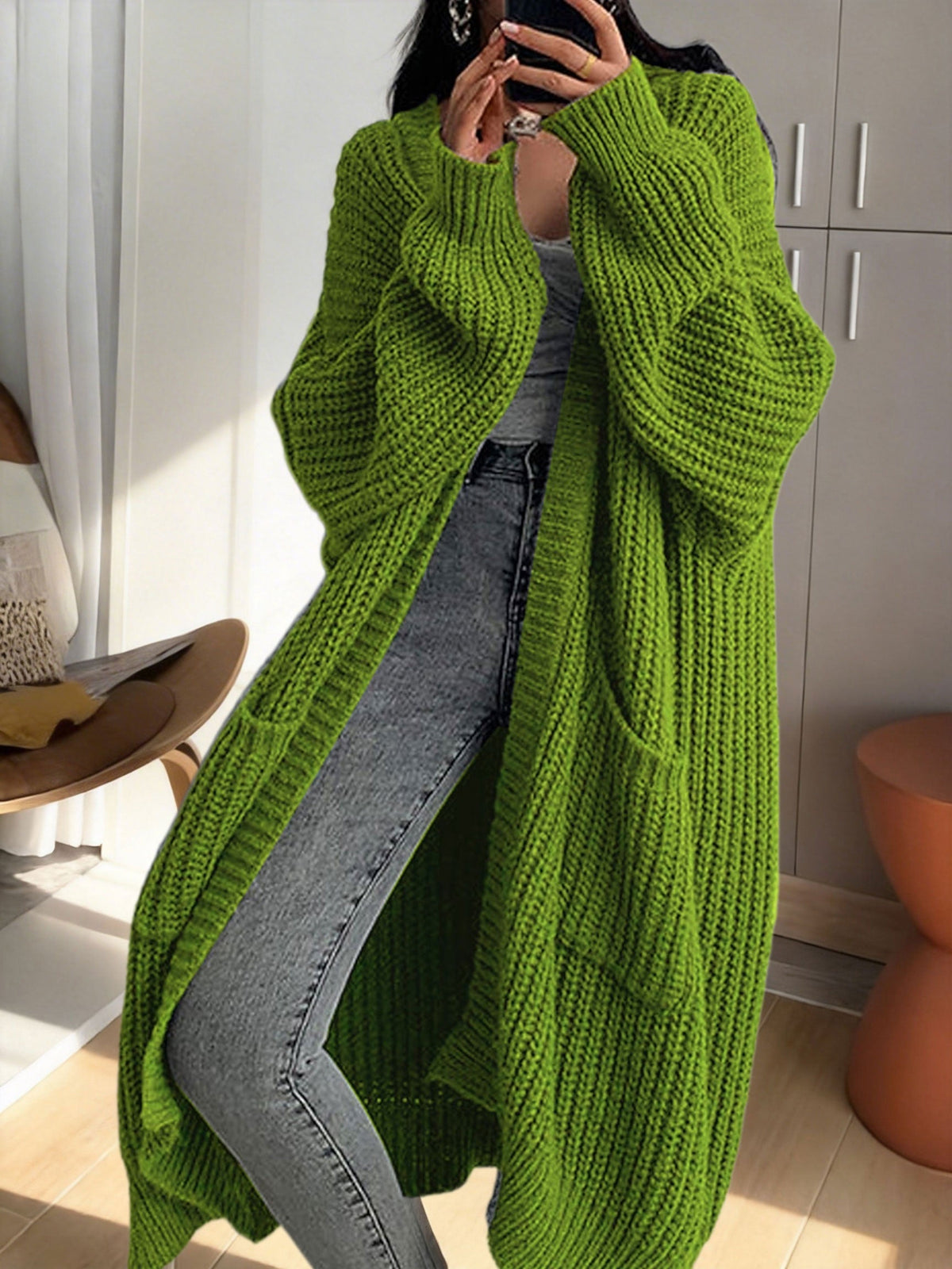 Women's Ribbed Knit Longline Duster Cardigan with Pockets