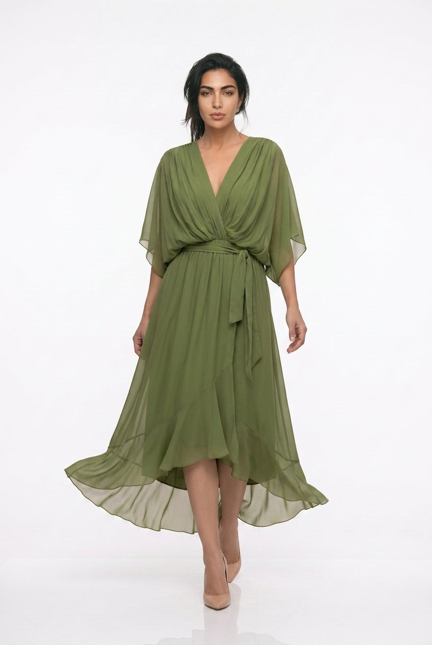 Women's Chiffon Wrap Midi Dress – V-Neck Kimono Sleeve