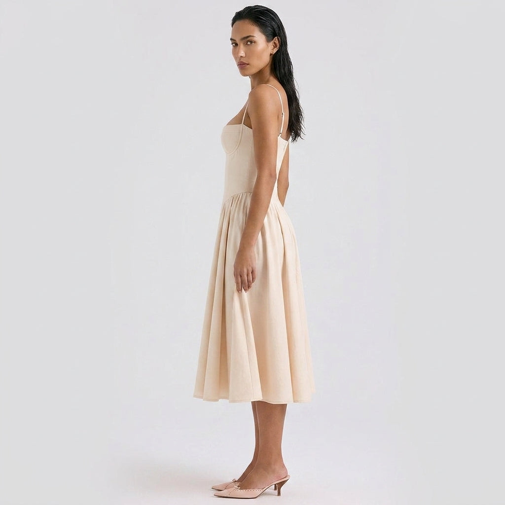 Women's Corset Midi Dress – Square Neck A-Line Dress with Pockets